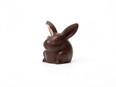 One chocolate bunny on a white infinite background, unwrapped, with a single bit