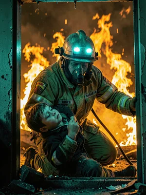 Firefighter emerging from burning building with unconscious child, orange flames
