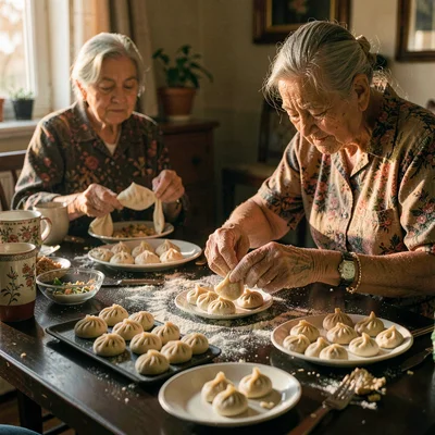 Mid-feast table scene, abundant hospitality, Elderly woman hands rolling dumplin