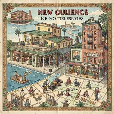 Illustrated map illustration, New Orleans with jazz clubs and French Quarter , p