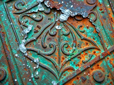 Tin ceiling tile corroding, grey-white tin oxide growing on stamped decorative p
