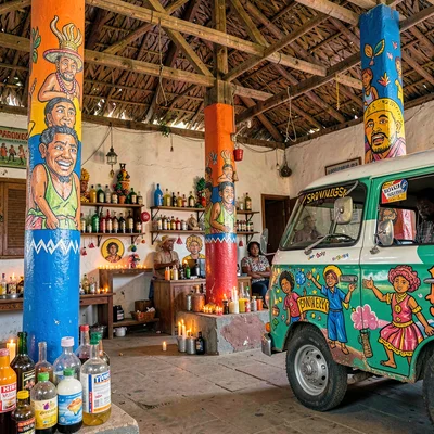 Resilient color in Port-au-Prince, Haiti, Vodou temple interior, candles and bot