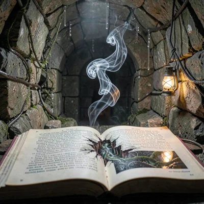 Rulebook spread of a stone-cut chamber where rot-wardens seal a creeping fissure