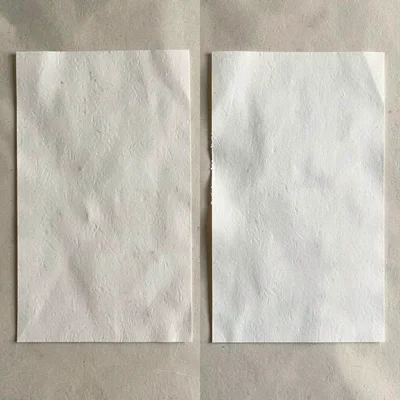 Side-by-side before-and-after pair of two abstract document plates separated by 