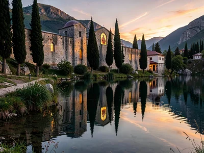 Monastery walls at sunset