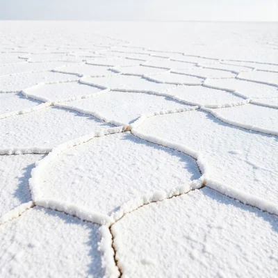 Cracked dry salt polygon macro — raised hexagonal borders casting shadows across