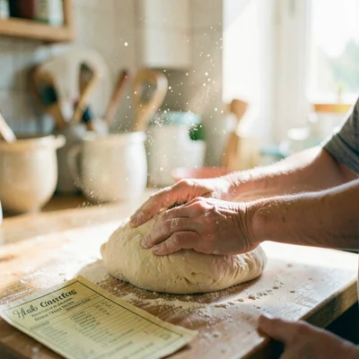 Arthritic fingers teaching young hands to knead bread dough, flour dust suspende