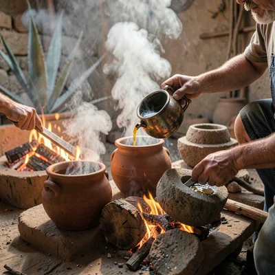 Oaxacan mezcal process, palenque atmosphere, Hands pouring mezcal from clay pot 