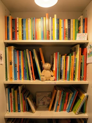 A child's bookshelf viewed from directly in front, three shelves packed tight wi