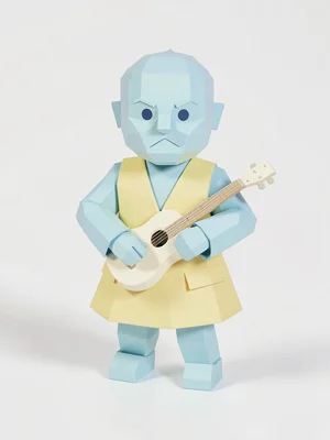 Lute-cradling sky-blue lowpoly bard character with a tiny cream lute and chunky