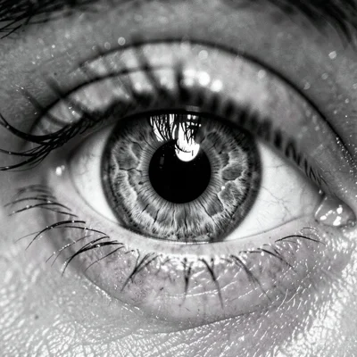 Extreme close-up of human eye, solarization making the iris glow and the white r