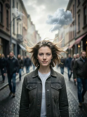 Person's hair blown by a personal wind, everyone else perfectly still, street sc