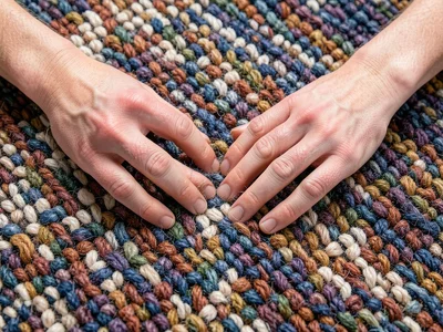 Two hands reaching toward each other, fingers rendered in fine-gauge tufted carp