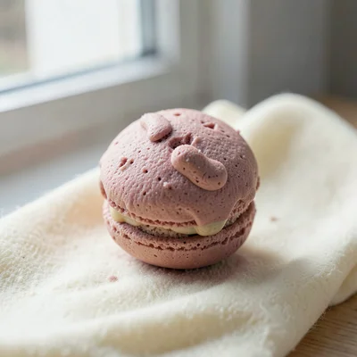Quickly slumping dusty-rose macaroon with thumb dents along its top and fingerna