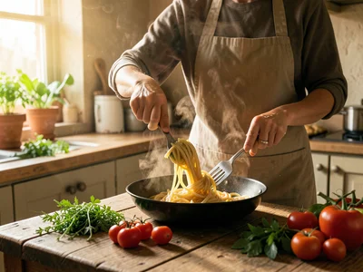 Person cooking pasta, tossing it in pan, kitchen filled with steam, herbs on cou