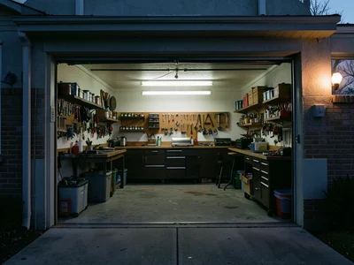 Garage door open revealing an impossibly organized workshop, fluorescent light, 