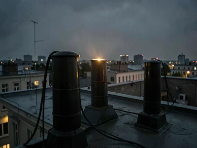 Sodium streetlight grazes the rims of black vent stacks, igniting their edges in