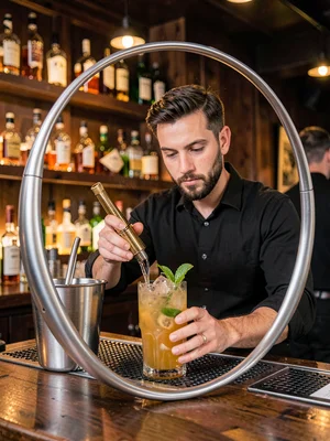 Bartender making cocktail, shaker's arc described in silver curves