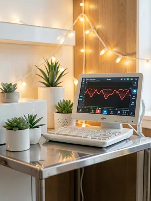 Medical monitor displaying heart rate, surrounded by succulents and string light