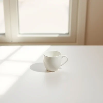 Minimalist photography of a single white coffee cup on a clean matte surface, centered composition, soft natural window 