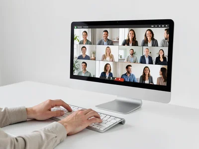Hands on a keyboard with a large monitor showing a video call grid of colleagues