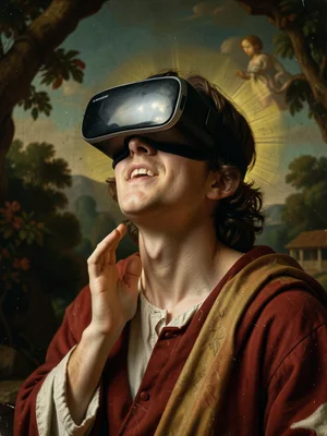 VR headset user rendered in Renaissance ecstasy-of-saint style, dramatic upward 