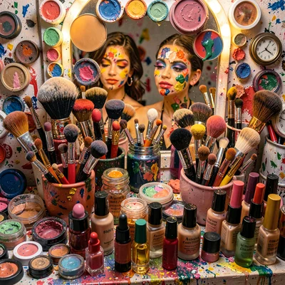 Densely layered composition, rich saturated colors, Makeup vanity covered in pal