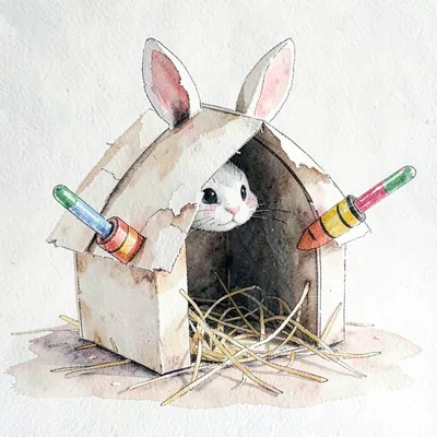 A pop-up paper rabbit hutch with torn-paper hay and crayon carrot ends sticking 