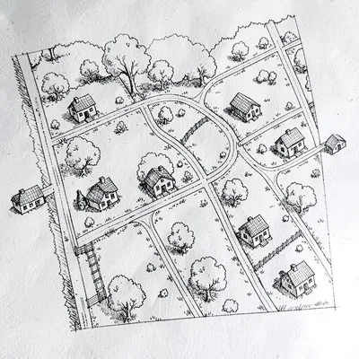 hand-drawn village plan with cottage icons and lanes, no text