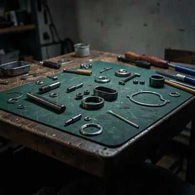 Charcoal narrative of a long workbench scattered with movement parts on a green 