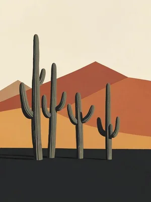 Tall cardon cactus stands on a charcoal-shadowed ochre plain under a cream sky, 
