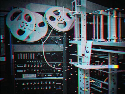 Magnetic tape reels on mainframe, vacuum columns with tape loops