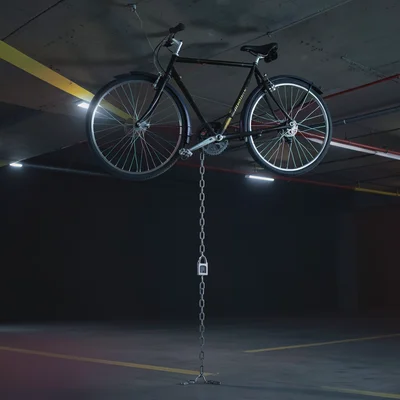 Bicycle parked on ceiling of parking garage, lock and chain dangling down