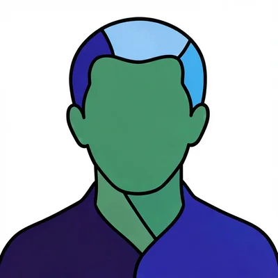 Flat block-color composition of a stained-glass portrait silhouette, no facial d