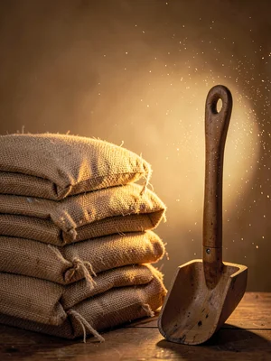 Warm still-life of a stack of folded burlap sacks beside a wooden scoop, warm tu