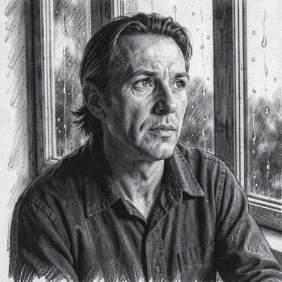 Vertical charcoal portrait of an author looking out a rain-streaked window, smud