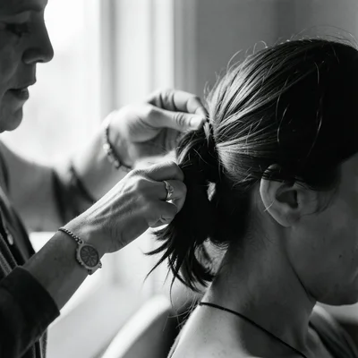 A woman's hands braiding another woman's hair, the fingers and strands caught mi