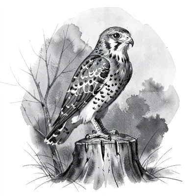 moody charcoal sketch of a goshawk perched on a stump