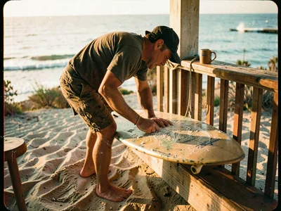 Surfer waxing longboard at dawn