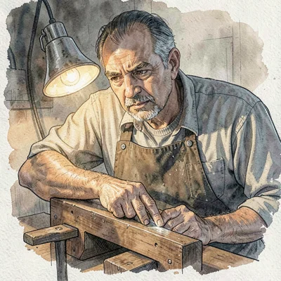 Lamp-lit artisan portrait of a master saw sharpener leaning over the saw vise wi