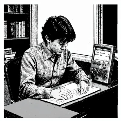 1-bit dithered illustration, person at desk working , black and white only, dith