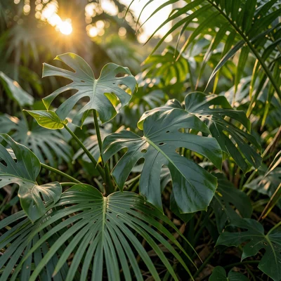 Tropical leaf pattern, overlapping monstera and palm fronds, deep greens
