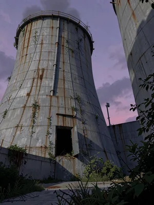 Cooling tower exterior at twilight with violet sky against the curving concrete 