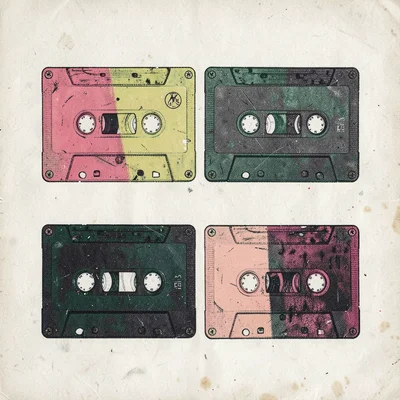 Four cassette tapes arranged in a grid on a flat background
