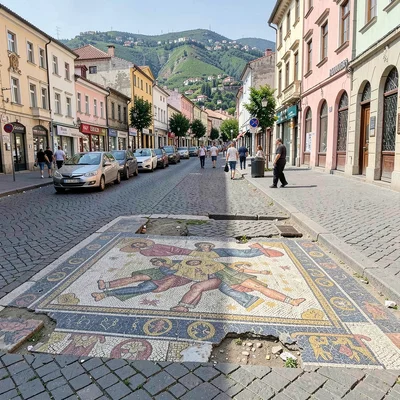 Historical layers visible simultaneously in Plovdiv, Bulgaria, ancient Roman mos