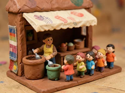 A tiny clay ice cream shop: a vendor scooping from clay tubs, a queue of small c