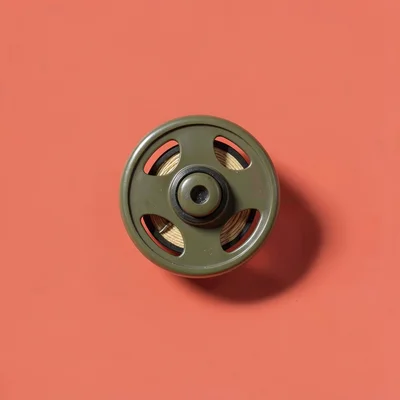 Sharp catalog hero of a single olive fly reel centered on a saturated coral back