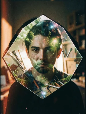 Workshop tools merged with portrait, double exposure, hexagonal framing
