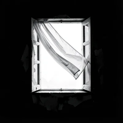 Stark minimalist composition, high contrast black and white tones, An open windo