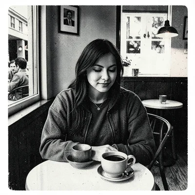 Risograph-style illustration, person sitting in cafe , spot color layer simulati
